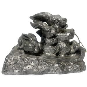 Michael Ricker Pewter Figurine Bunny Rabbits On Toboggan Sled Signed & Numbered